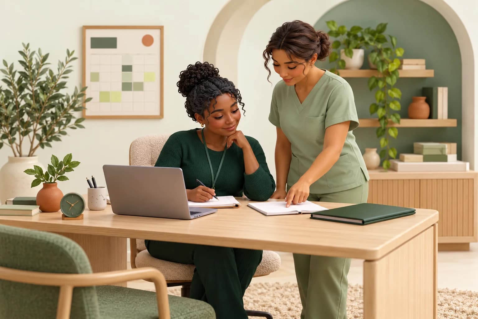 Illustration of a care coordinator and nurse reviewing shift notes together in a welcoming office.